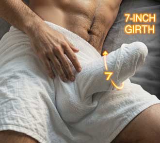 7-inch girth penis bulge showing wrist-thick 2.25-inch-wide size through a towel
