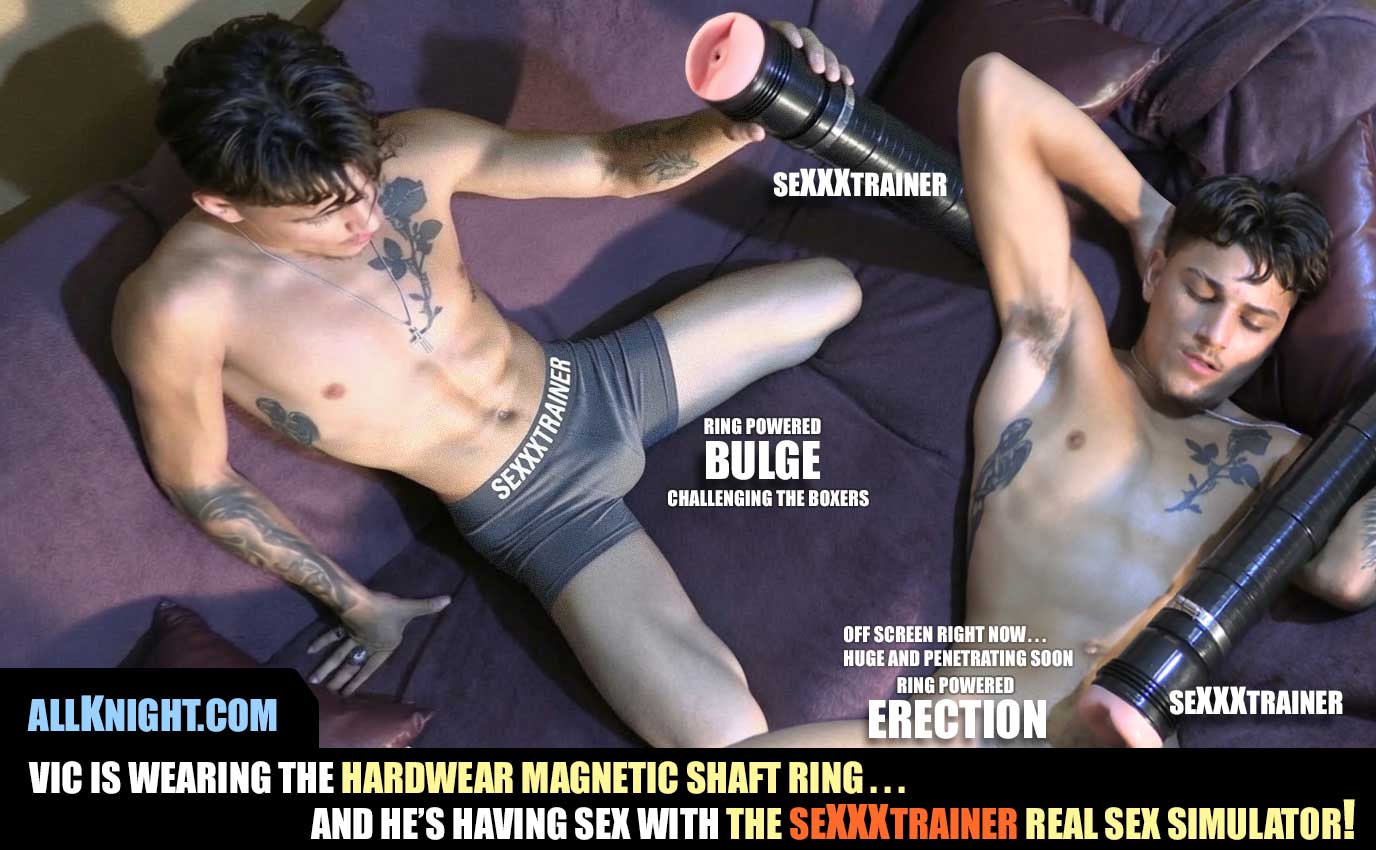Man demonstrating advanced male masturbation training using a SexxxTrainer hands-free sex simulator and Hardwear magnetic shaft ring.
