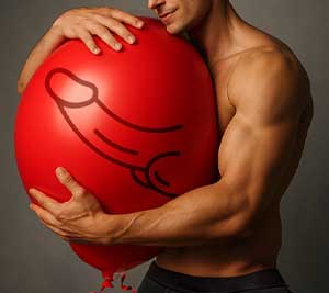 Johnny holds a large red balloon with a playful penis illustration, representing penis enlargement, erection strength, and his love for what Hardwear has done for his manhood