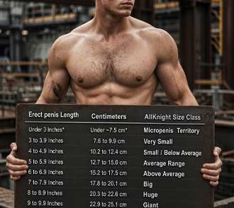 Penis size chart showing erect length ranges from micropenis through average, big, huge, monster and record-size dimensions.