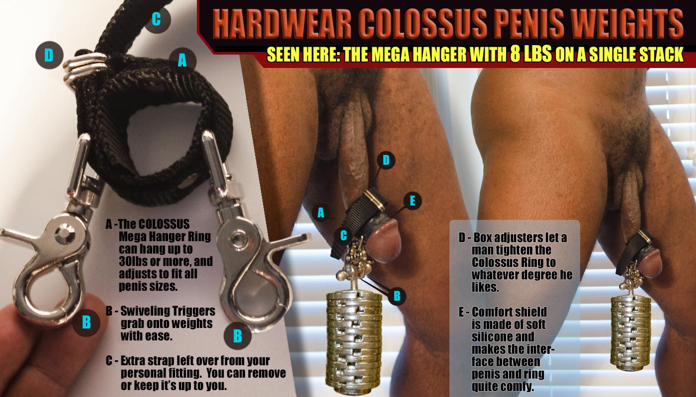 The Colossus Mega Hanger is the world’s most advanced penis hanger system, featuring an easy slide on and off plate system that is unmatched. Photo Subject: penis weight hanging before and after, nude black man hanging weights from cock, big dick, penis exercise gains.