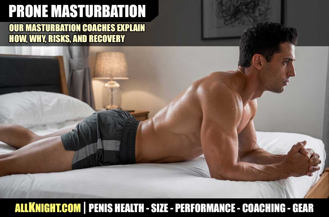 Male performance coach demonstrating a prone masturbation body position and recovery guide
