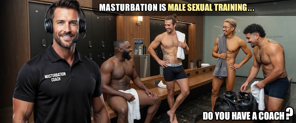 Male masturbation coach speaking with trainees in a locker room about advanced male sexual training, erection performance, edging, and confidence-building techniques.