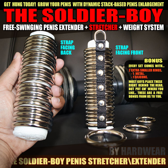 Groundbreaking design allows penis weight rings to be stacked up on your male organ in gravity defying and penis growing formation. The secret is in the Soldier Boy&rsquo;s ring harness system which combines the worlds of all day penis stretching and extension with penis weight lifting.